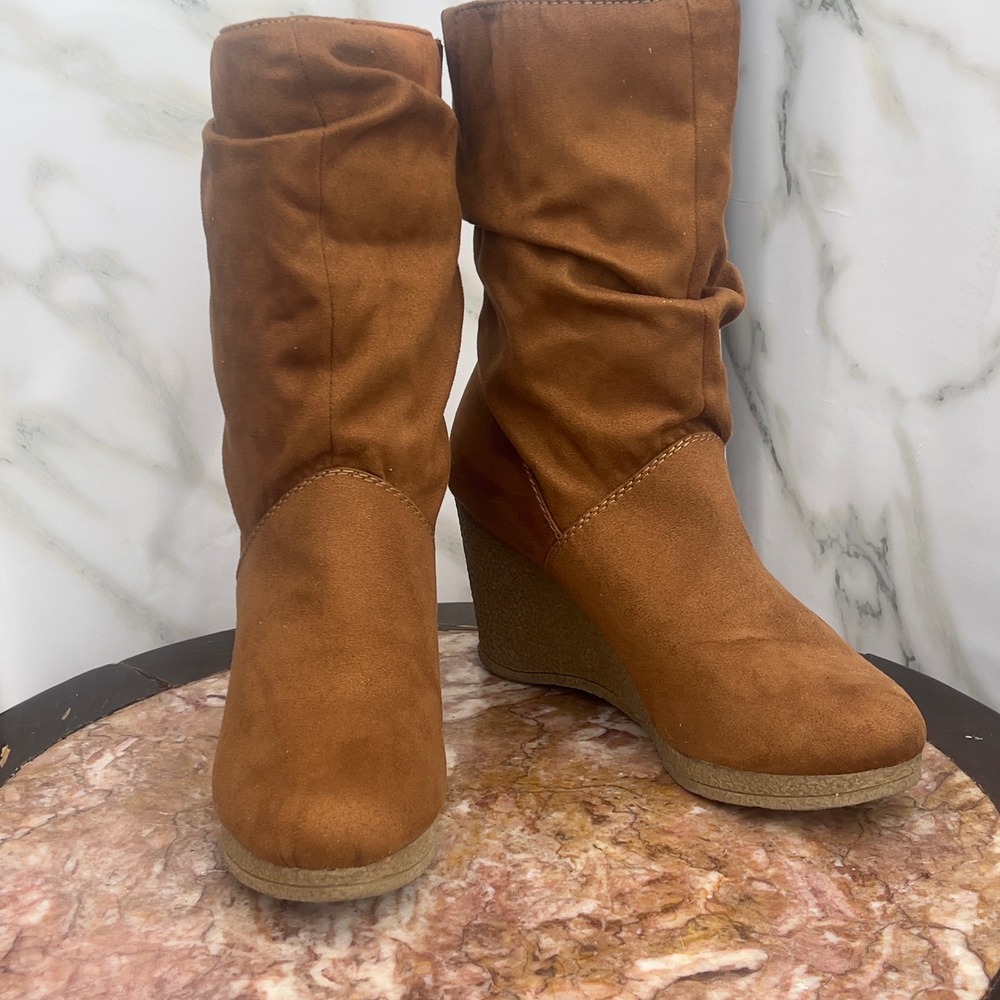 Route 66 Womens Cognac Faux Suede Slouchy Wedge Mid Calf Boots Size 10